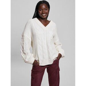 GUESS Women's Aki Chenille Cable-Knit Sweater Size M In Dove White